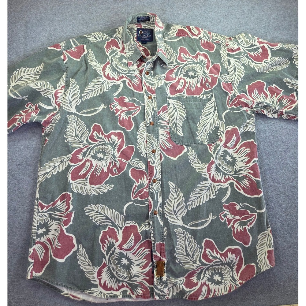 VTG Muskoka Lakes Mens Floral Button Down Shirt Large Green Tropical Dadcore